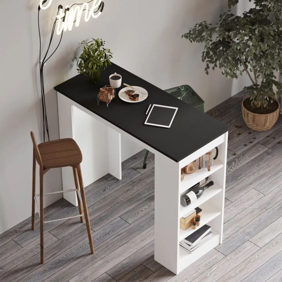 Yurudesign Style Siyah-Beyaz ST1-LW Bar Masası Mutfak Yemek Masası