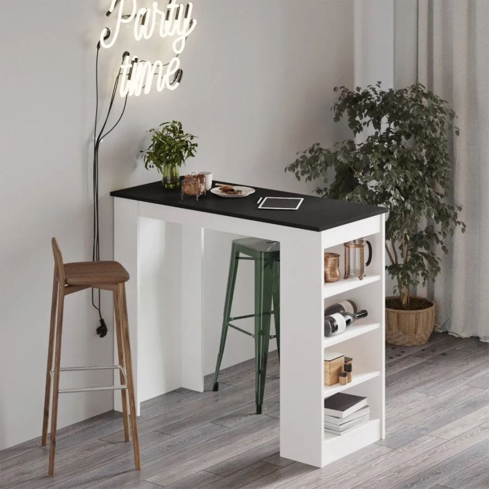 Yurudesign Style Siyah-Beyaz ST1-LW Bar Masası Mutfak Yemek Masası