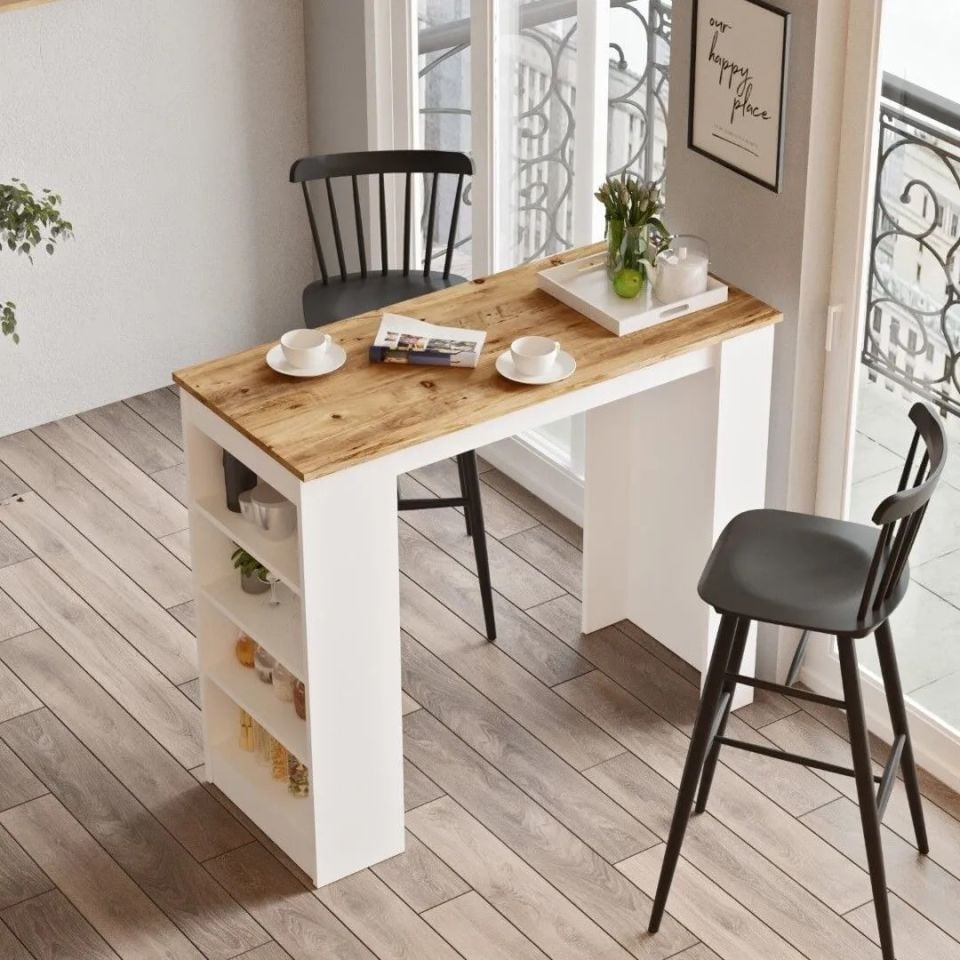 Yurudesign Atlantik Çam-Beyaz ST1-AW Style Bar Masası Yemek Masası