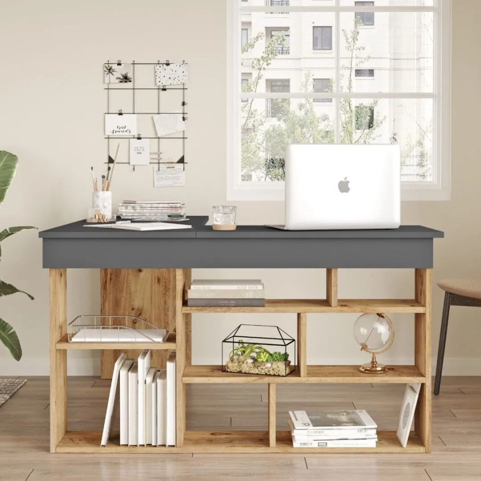 Yurudesign Tywin CT5-AA Çam-Antrasit Kitaplık Raflı Çalışma Masası