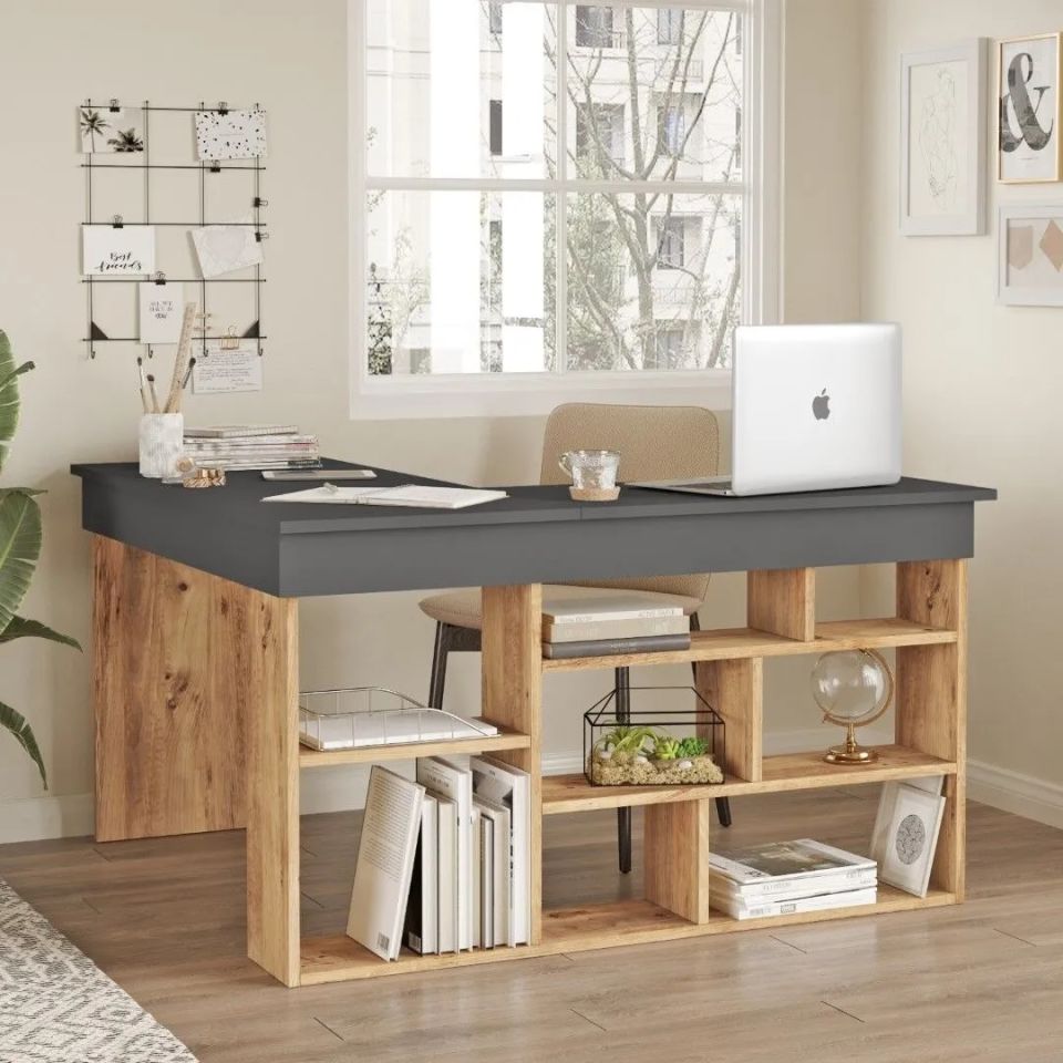 Yurudesign Tywin CT5-AA Çam-Antrasit Kitaplık Raflı Çalışma Masası