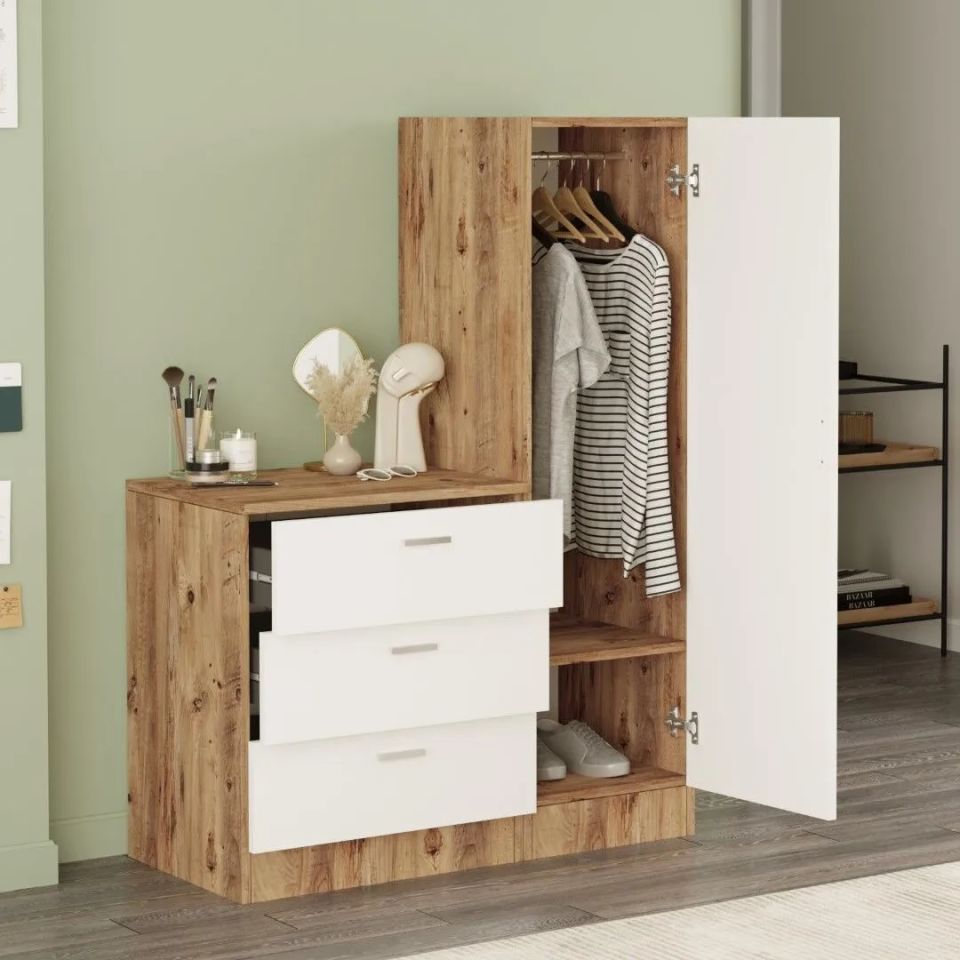 Yurudesign Nancy CC6-AW Atlantik Çam-Beyaz Aynalı Şifonyer Gardrop