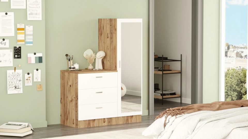 Yurudesign Nancy CC6-AW Atlantik Çam-Beyaz Aynalı Şifonyer Gardrop
