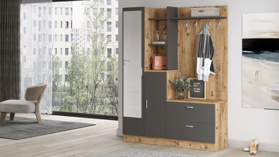 Yurudesign Wisdom DD5-AA Çam-Antrasit Ayakkabılık Vestiyer Portmanto