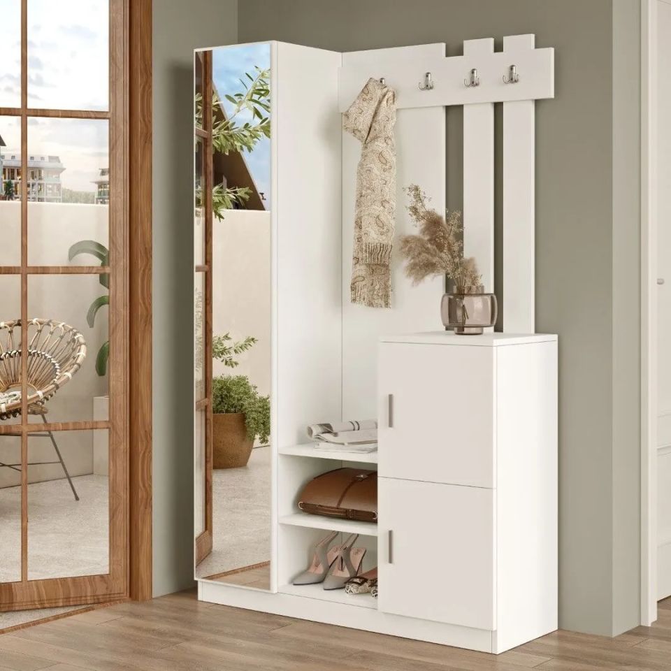 Yurudesign Roger DD7-W Beyaz Ayakkabılık Vestiyer Portmanto