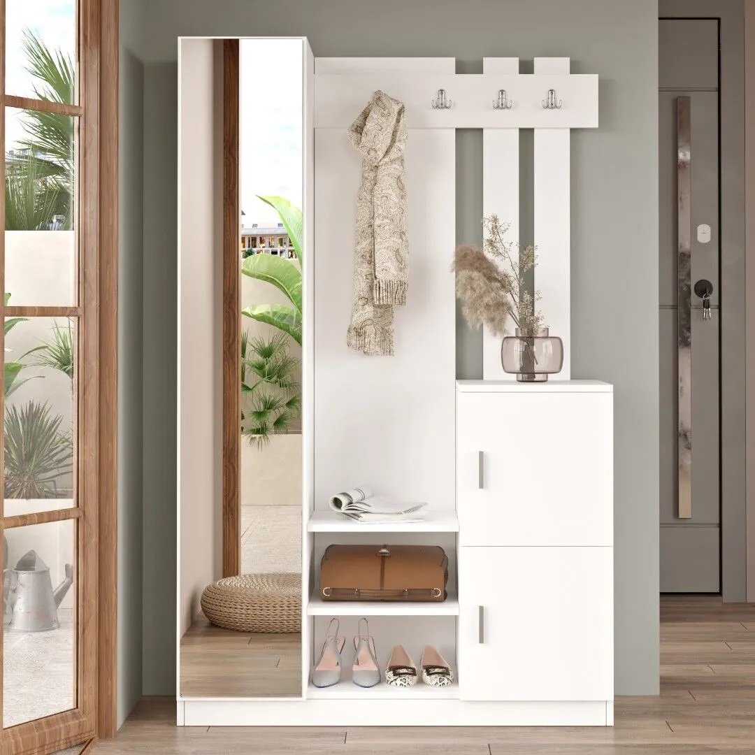 Yurudesign Roger DD7-W Beyaz Ayakkabılık Vestiyer Portmanto