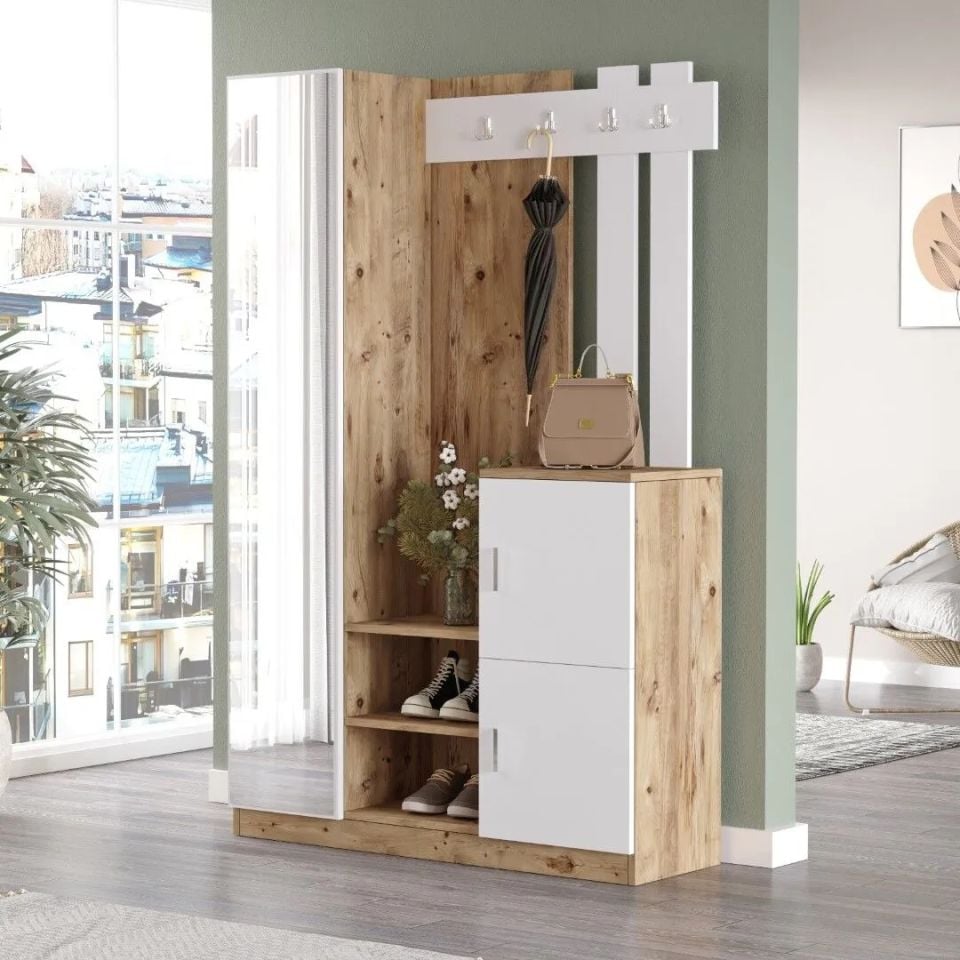 Yurudesign Roger DD7-AW Atlantik Çam Beyaz Ayakkabılık Vestiyer Portmanto