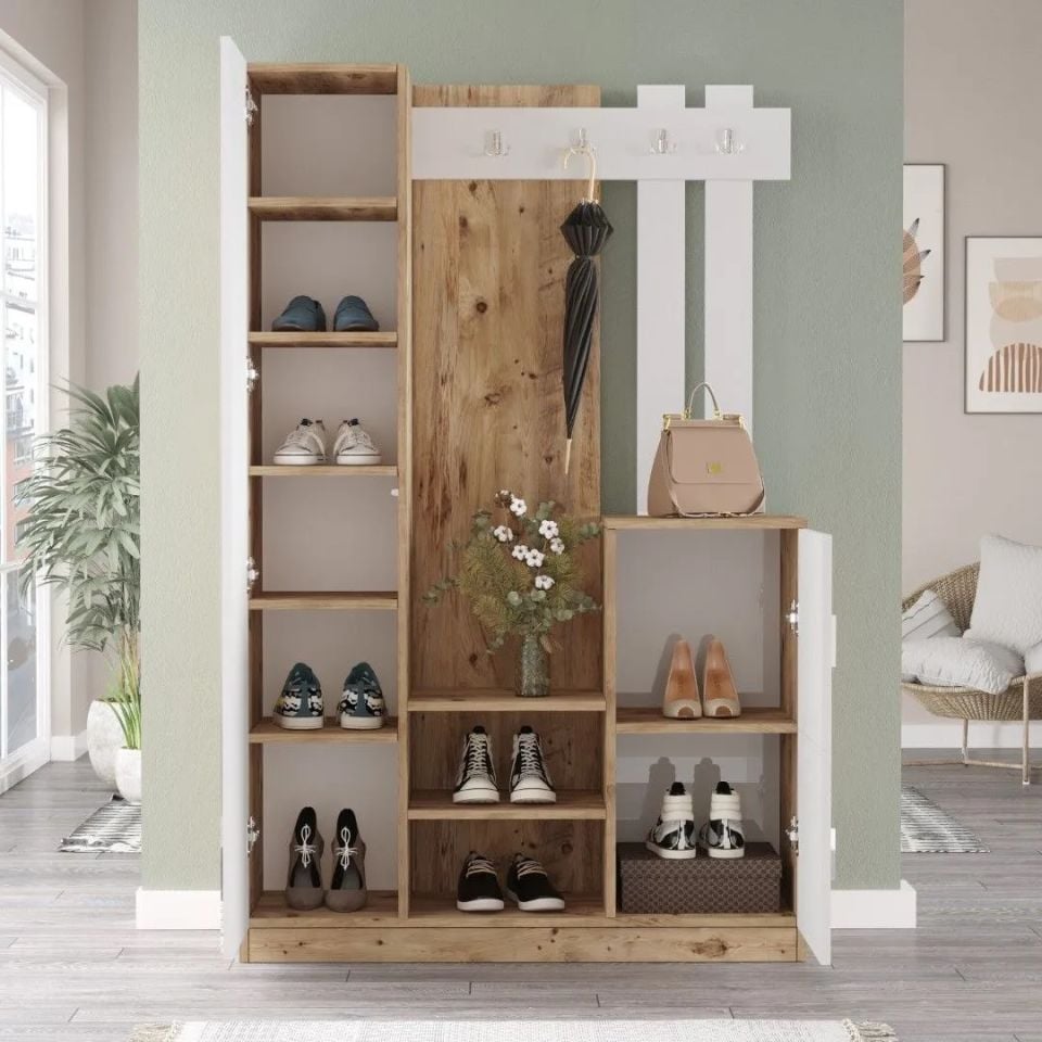 Yurudesign Roger DD7-AW Atlantik Çam Beyaz Ayakkabılık Vestiyer Portmanto