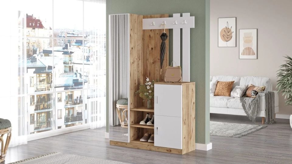 Yurudesign Roger DD7-AW Atlantik Çam Beyaz Ayakkabılık Vestiyer Portmanto