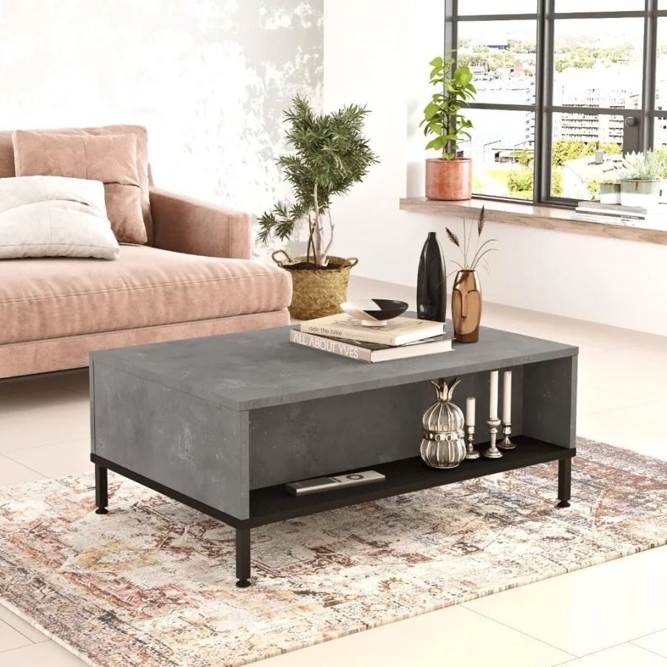 Yurudesign Luvio LV31-RL Beton-Siyah Metal Ayaklı Kapaklı Orta Sehpa