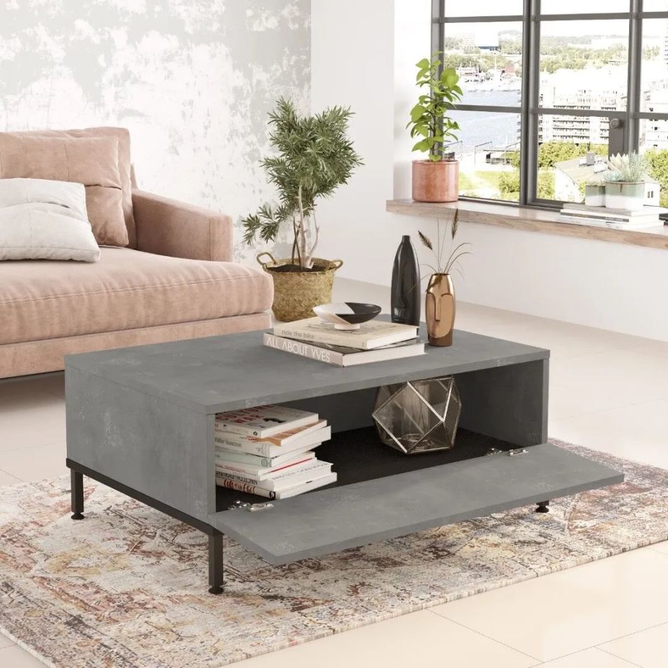 Yurudesign Luvio LV31-RL Beton-Siyah Metal Ayaklı Kapaklı Orta Sehpa